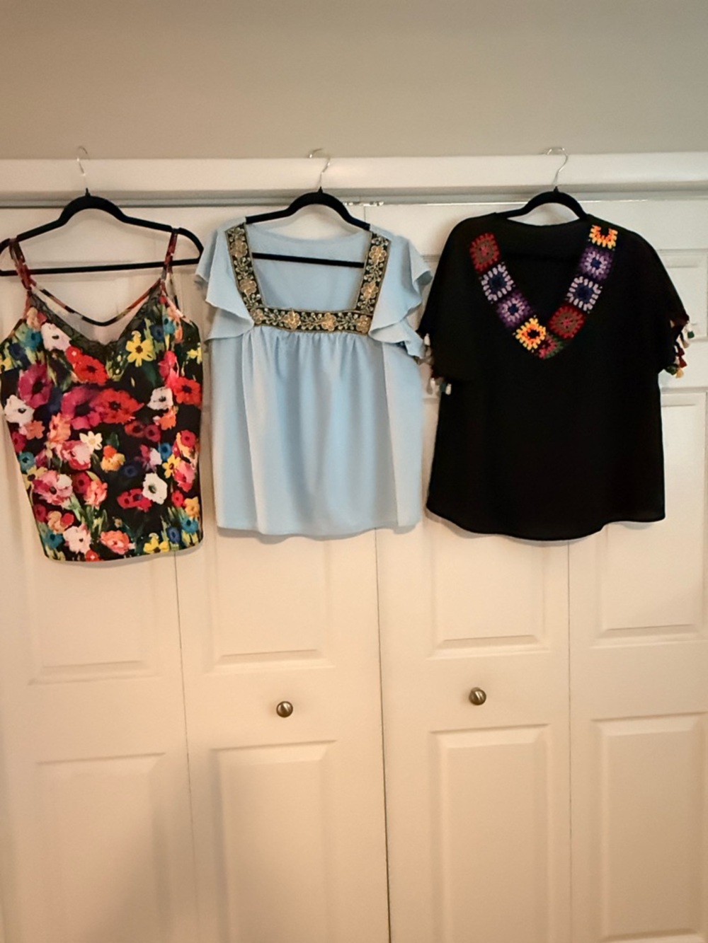 Set of 3 Vibrant Floral tank, Light Blue Embellished Square-Neck& crocheted Top